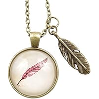 Halskette - Gliederkette 75cm - bronzefarbend - Cabochon 25mm Anhänger - mit Federanhänger - Feder Motiv - beige braun rot