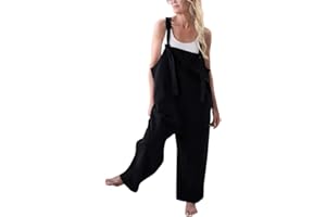 Minetom Damen Frauen Latzhose Beiläufige Lose Lange Jumpsuit Mit Tasche Retro Leinen Strampler Overall Rompers Baggy Hosen