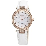 Ying Xinguang 3819 Modische und prägnante Diamant-Zifferblatt, Lünette, Quarz-Armbanduhr mit echtem Lederband und leuchtenden Funktionen für Frauen, weiß