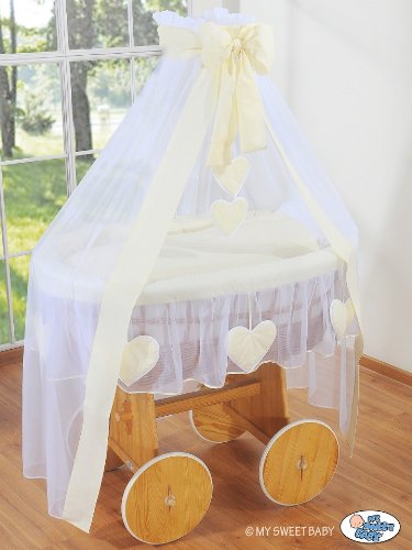 DE LUXE HEART COLLECTION - WHEELED LARGE WICKER CRIB / MOSES BASKET / BASSINET / BABY COT WITH DRAPE / CANOPY NET - SOLID ANTIQUE PINE BASE + QUALITY CREAM BEDDING SET + QUALITY MATTRESS + CANOPY NET HOLDER