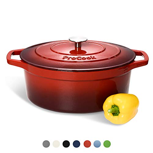 ProCook - Grande Cocotte Faitout Oval - Fonte Émaillée - Compatible Induction - Dégradé Rouge - 30 cm / 6,2 L
