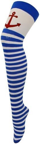 AxTokyo Ladies Womens Fancy Anchor Nautical Stripes Hold Up Sailor Sexy Stockings