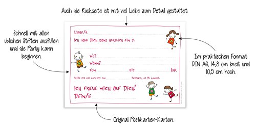 12 lustige Einladungskarten Kindergeburtstag schön illustriert fröhliche tanzende Kinder Strichmännchen Geburtstagseinladungen Einladungen Geburtstag Jungen Mädchen Einladungstext Vorlagen Karten Set - 4
