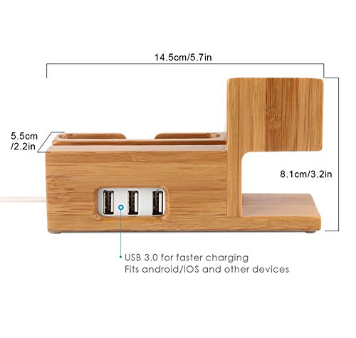Efanr bambÃ¹ legno 3Â porte USB stazione di ricarica multifunzione caricabatteria da tavolo dock supporto supporto per iPhone 7/6s/6/5s smartphone Apple Watch 38Â mm/42Â mm