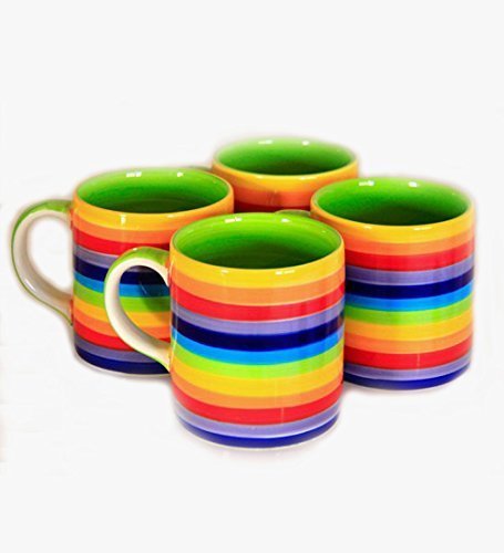 NUEVO SET DE 4 TAZAS DE COLORES DEL ARCO IRIS CON CUATRO AROS/(UTENSILIOS DE COCINA DE CERÁMICA) DE RAYAS DE COLORES