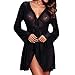 Produktbild URSING Nachtkleid Spitze Nachtwäsche Unterwäsche Sexy Dessous Negligees Langarm Spitzenkleid Babydoll Frauen Kimono V Ausschnitt Nachthemd Schlafanzug Bademantel Sleepwear (Schwarz,3XL)