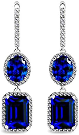 Female Earrings,Tianmao Square 4A Zircon Double Pendant Women Fashion Trend Studs (Blue)