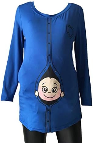Juleya Pregnant Soft O-Neck Funny Print Cartoon Baby Staring Clothes Maternity Long Sleeve Casual Lovely T-Shirts Tops
