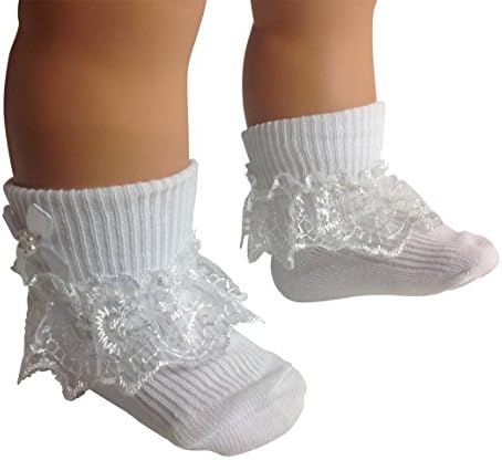 Girls & Baby 6 Pairs of white frilly laced top ankle socks Fancy Bow Beaded centre. by Jester