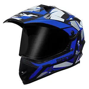 Steelbird Off Road Bang KTN ISI Certified ABS Material Shell Motocross Helmet (Matt Black Blue with Helmet Fitted with Clear Visor and Extra Smoke Visor, Large 600 mm)