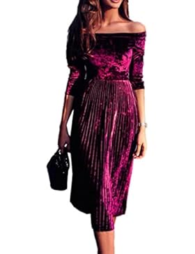 ♪ZEZKT♪Fashion Damen Trägerlos Split Maxikleid Samt Off Shoulder Lange Abendkleid Party Kleider Langarm Samt Velvet...