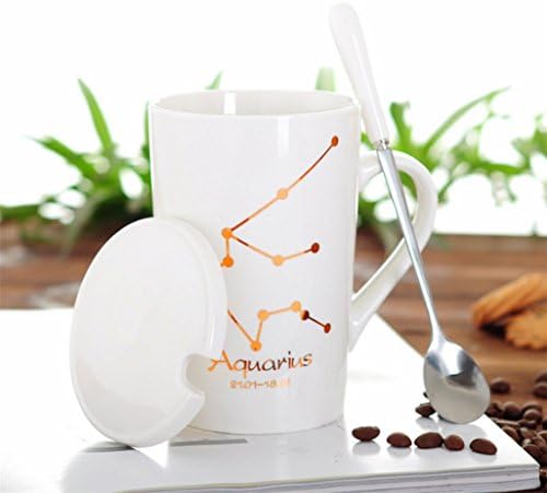 Coffee cup Lanpangzi gift cup for constellation fans Ceramic cup with a spoon and a cup cover ,a white mug - Aquarius