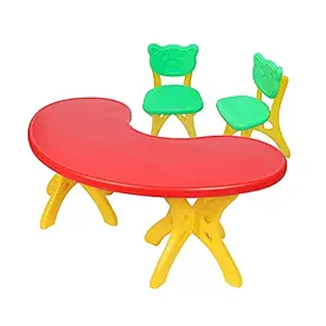 eHomeKart Moon Table for Kids and 2 Foldable Bear Chairs - Half Round Moon Shape Plastic Table with 54 inch Length - Study Table and Chair for Kids at Home or School - Perfect for Indoor and Outdoor