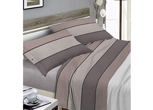 BIANCHERIAWEB Completo Lenzuola in 100% Cotone Disegno Fasciato Colore Tortora Matrimoniale Tortora