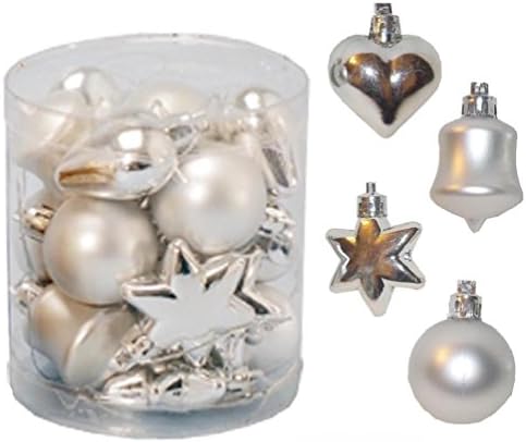 Christmas Tree Decoration 18 Multi Pack Star Heart Bell Baubles - Silver