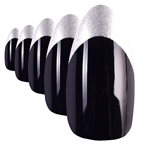 Bling Art Stilett Falsche Nägel Acryl Schwarz Silber Medium Tipps UK - 2