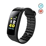 Color Fitness Armband,Antimi Wasserdicht IP67 Fitness Tracker Herzfrequenzmonitor Zeige Temperatur Wetter Schrittzähler Kalorienzähler Uhr Pulsuhren für Android iOS Smartphones (Schwarz)