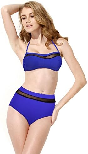 Women High Waisted Swimwear Mesh Trim Top Bra Bikini Set
