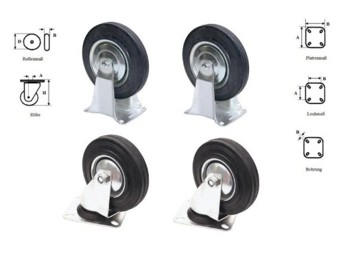 Set 4 Rollen 2x Bockrolle + 2x Lenkrolle 75mm Durchmesser 40kg Tragkraft je Rolle