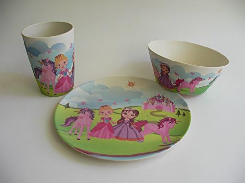 Bamboo Kids Breakfast Plate+Cereal Bowl+Cup -Children Dinner Set- Disney/Football/Farm/Safari Design (Princess)