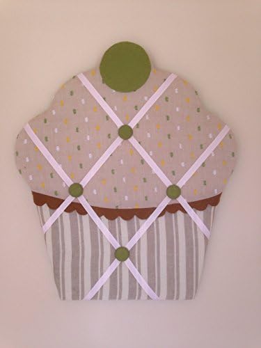 Green highlights and Buttons on Fawn and Cream Striped Fabric Padded Fabric Cupcake Memo Board / Pin / Notice Board
