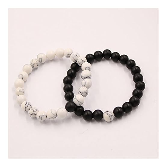 UEUC Par Distancia Pulseras para lovers-2pcs Negro Mate Blanco y ágata Howlita Bolas de 8 mm - Imagen 3