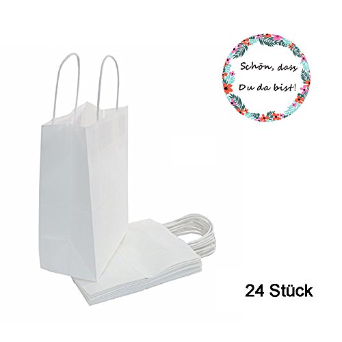 Super44day 24 Papier Beutel Papiertütchen Geschenktaschen Papier Partytüten Party Beutel mit Griffe und 24 runde Aufkleber für Geschenke verpacken,Hochzeit, Geburtstag, Taufe , Bonbons und Party Geburtstag Gastgeschenke -Geschenktüten Set „Schön, dass Du da bist“ - 4