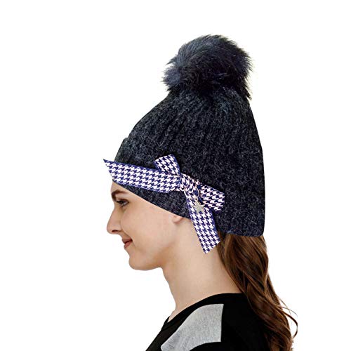 Girl's Beanies Slouchy Winter Knit Skull Cap Beanie hat Racoon Real Fur Pom pom Chunky Baggy Hat in Bow (Black)