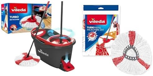 Vileda Turbo paspas komple set, teleskopik saplı yer sileceği, güçlü lifli mikrofiber paspas başlığı ve güçlü sapanlı kova, hızlı ve güçlü, sap uzunluğu 125 cm+Vileda Turbo 2in1 Yedek Paspas