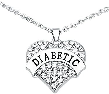 Diabetic " Awareness" Delicate Silver Plated Heart Necklace - Encrusted with Cubic Zirconia Stones - Medical Alert Accessory