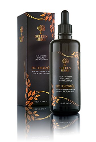 Premium Bio Jojobaöl - Kaltgepresst, organisch und nativ. In einer vor Licht schützenden Flasche - 100ml. Frei von Hexan und ohne Silikone - Gold. Für eine reine und wohlfühlende Haut.