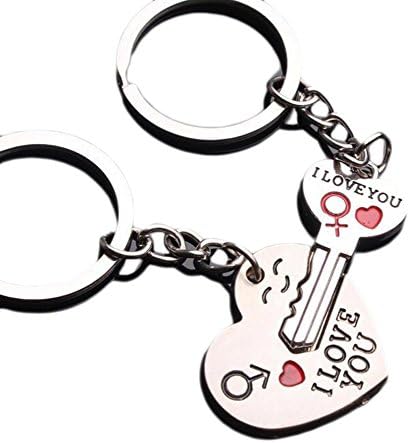 Diossad 2 Pcs Couple Keychain Metal Flat Key Ring Silver Key Love Heart Holder for Men and Women Valentine Gift