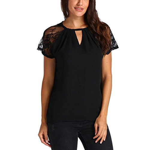 Preisvergleich Produktbild Damen Bekleidung DOLDOA Frauen Elegante Frühling Spitze Spleißen Oberteile Slim Hemd Bluse Casual Tops Kurzarm Solide O-Ausschnitt Trägerloser T-Shirt Mode Frühjahr-Sommer Blusen Schöne Pullover Sweatshirt (EU:42, Schwarz - 8)