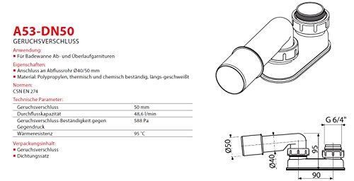 Geruchsverschluss für Ab Überlaufgarnitur DN 50 Badewanne Siphon Sifon Syfon Extra Flach Flachsiphon - 2