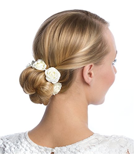 SIX "Hochzeit" weißer Haargummi für Dutts, Bun-Ring mit Textil-Rosen, Brautschmuck (313-656)