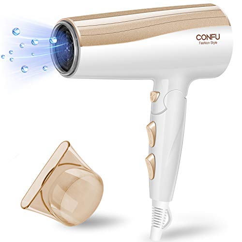 Hair Dryer Ionic Folding CONFU 1800W Powerful Hairdryer Fast Dry Blow Dryer with Concentrate Nozzle 2 Speed 3 Heat Settings with Cool Shot Button Low Noise DC Motor UK Plug, Gold