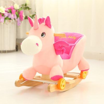 Cengbao Cartoon large wooden horse rocking horse rocking chair solid wood baby early childhood educational toys baby gift, pink color angel horse, 59 * 38cm