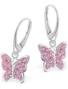 GH* Rosa Kristall Schmetterling Brisur Ohrringe 925 Echt Silber Mädchen Kinder Ohrhänger