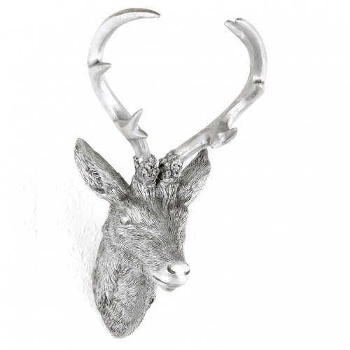 Hirschgeweih Hirschkopf Geweih 10-Ender in Silber, Metall-Optik 15 x 30 cm, Figur Skulptur Deko - 2