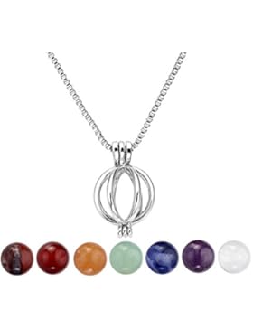 QGEM Schmuck Damen Halskette Collier hohl Käfig Locket silber Anhänger 7 Chakra Healing Kugelsteine mit 47cm Edelstahl...