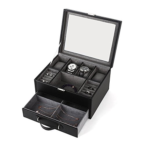 Preisvergleich Produktbild Amzdeal Schmuckkasten mit doppeltem Raum Schmuckkästchen mit transparentem Deckel und starkem Schlosspraktische Uhrenkasten und Schmuckbox zur Aufbewahrung der großen und kleinen Schmuckstücke
