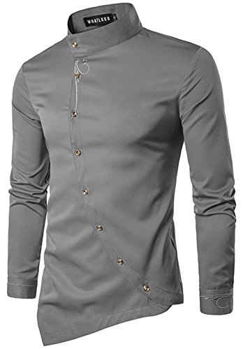 WHATLEES Chemise Habillée Col Mao à Manches Longues/Courtes Style Chinoise Dress Shirt Design B404 - Homme XXL Gris