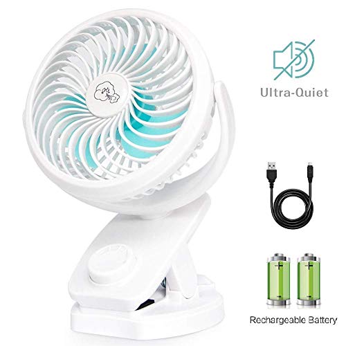 FPVRC Ventilateur USB à Clip avec Batterie Externe 4800 mAh Petit Ventilateur de Table Rotatif à 360° pour Poussette, Voiture, Bureau, Ordinateur Portable, extérieur, Camping Weiß