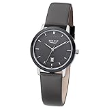 Regent Damen-Armbanduhr Elegant Analog Leder-Band dunkelgrau schwarz Quarz-Uhr Ziffernblatt anthrazit schwarz URLD1614