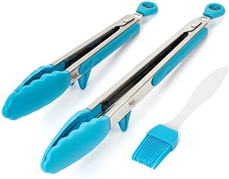 SAHE PRODUCTS Silicone Stainless Steel Kitchen Tong With Built In Stand Set Safe And Sturdy Bonus Brush Use For Serving Salad As A Turner Of Appetizers Asparagus BBQ (9 And 12 Inch) (Blue)