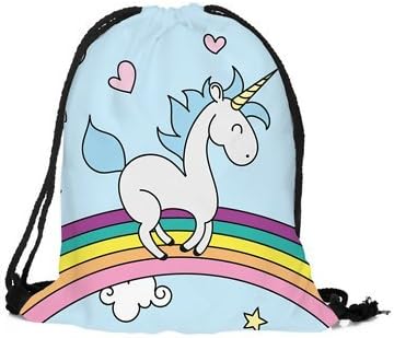 Emoji Unicorn Pikachu Pokemon Bulk Drawstring Bag Backpack Party Bag Filler Gift Movie Gym PE School Swimming (1x Blue and White Unicorn on Rainbow With Hearts)