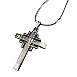 herren schmuck kette leder Der Anhänger zeigt ein silbernes Kreuz und ist mit einem religiösem Text verziert.