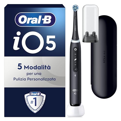 Oral-B Spazzolino Elettrico Ricaricabile iO 5 Nero, 1 Spazzolino Elettrico, 1 Testine, Custodia Da Viaggio, iO 5 per una Pulizia Denti Efficace, Sensore di Pressione, Gengive Protette