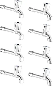 ZESTA Stainless Steel Brass Disc Jazz Long Body Bib Cock Tap with Teflon Tape, Nozzle and Flange (Standard; Silver) - Pack of 8