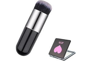 MTHGH Pinceau fond de teint Kabuki Pinceau de maquillage pour le visage avec poils synthétiques denses, pour mélanger les liquides, les crèmes, les cosmétiques en poudre ， Pinceau liquide + miroir compact